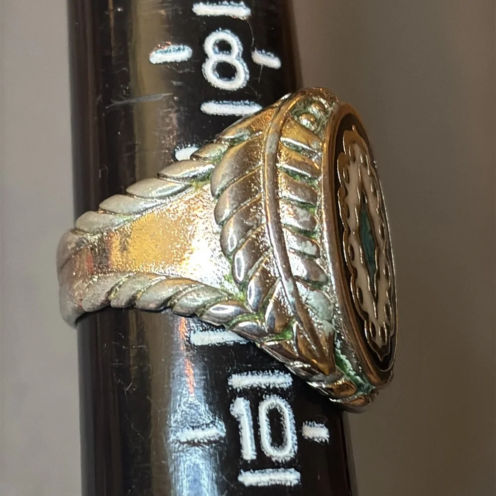 Sterling Ring with Inlaid Turquoise, Mother of Pearl and Onyx